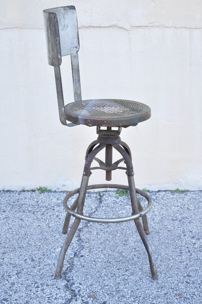 Antique American Industrial Metal Drafting Work Stool with Oak and Cane Seat