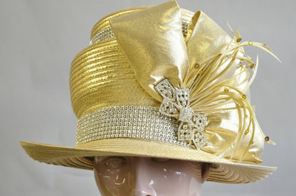 Vintage Whittall & Shon Metallic Gold Rhinestones 3 Tier Church Derby Crown Hat