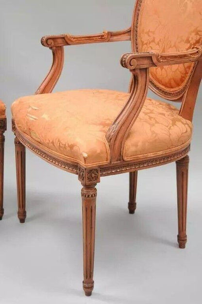 French Louis XVI Style Pink Distress Painted Oval Back Dining Arm Chairs - Pair