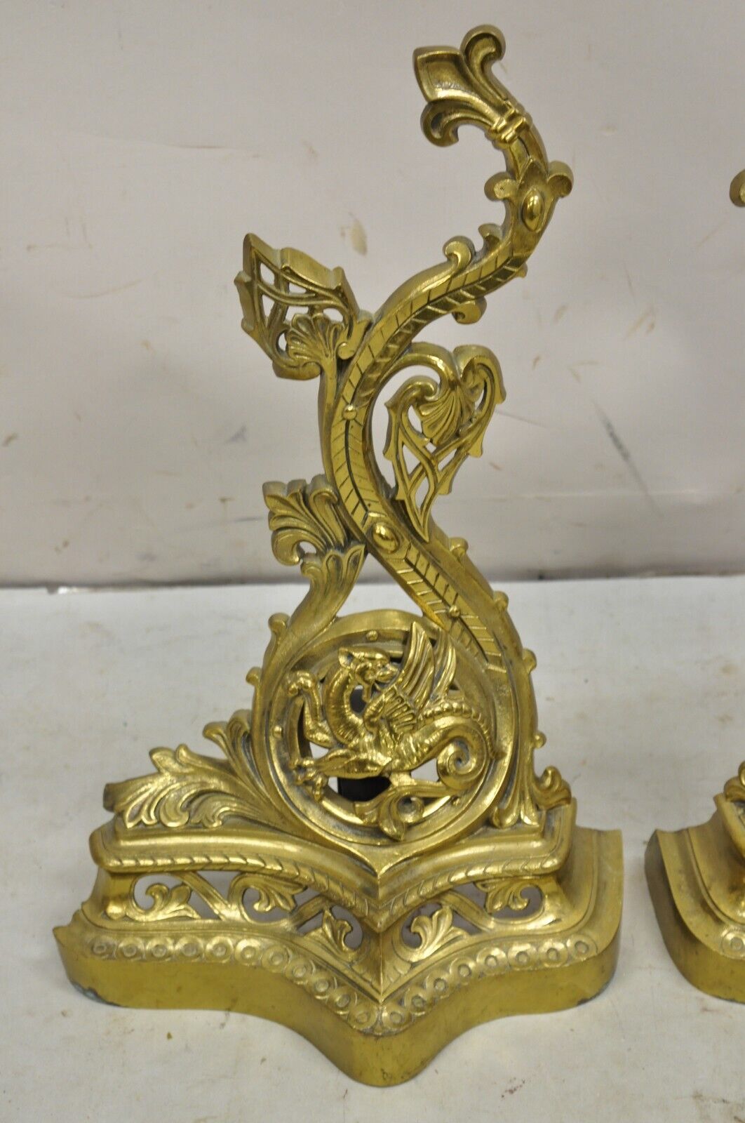 Vintage French Baroque Style Brass Figural Andirons with Dragon Griffins - Pair