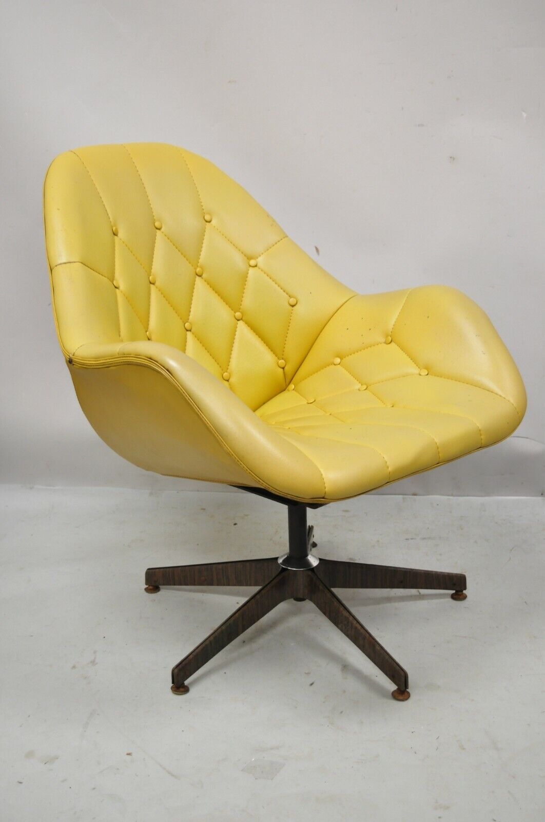 Mid Century Modern Yellow Tufted Naugahyde Swivel Butterfly Club Lounge Chair