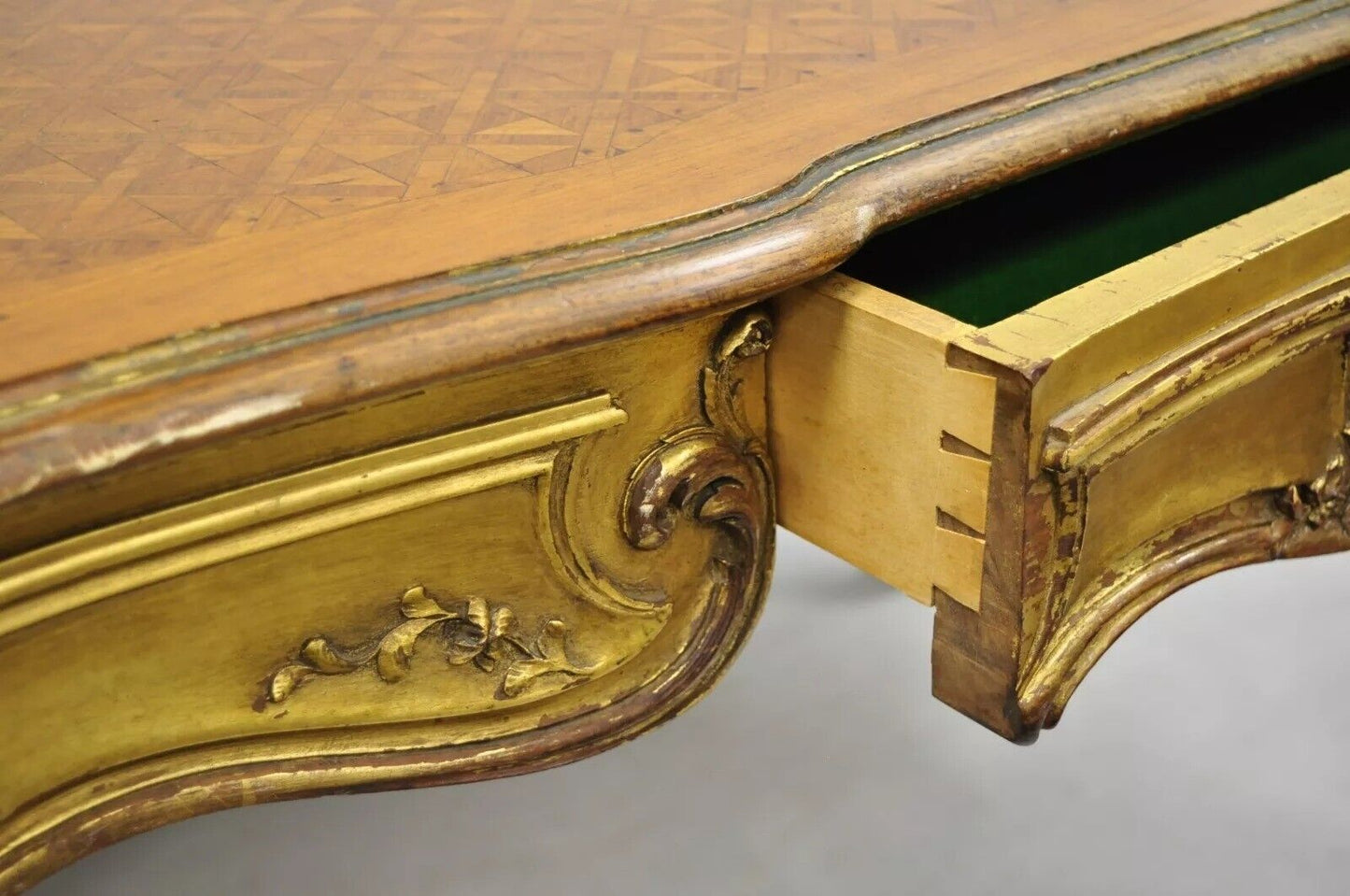 19th C. French Louis XV Style Gold Giltwood Writing Desk w/ Marquetry Inlay Top