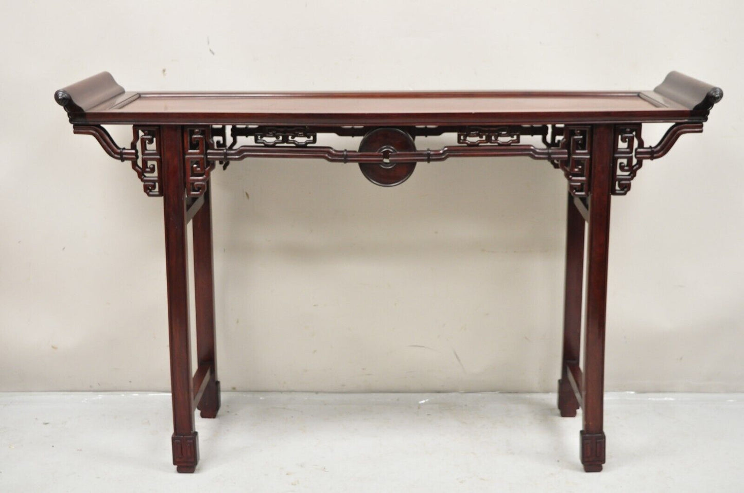 Vintage Chinese Oriental Fretwork Carved Hardwood Altar Console Hall Table