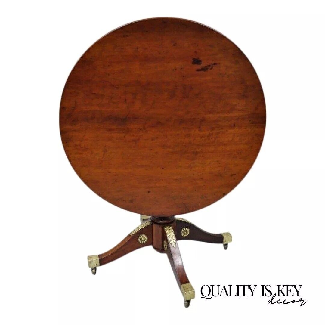 19th C. French Empire Style Round Mahogany Bronze Mount Tilt Top Center Table