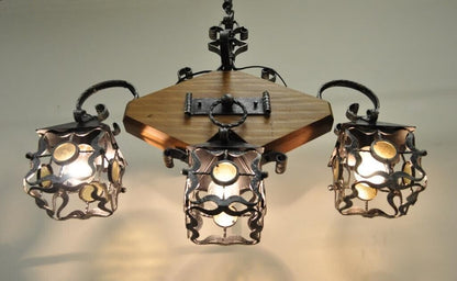 Vintage Arts & Crafts Gothic Style Wood Wrought Iron 3 Light Lantern Chandelier