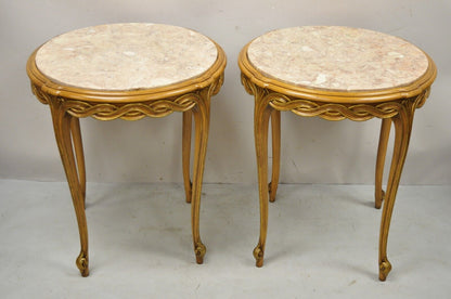 French Provincial Hollywood Regency Round Pink Marble Top Side Tables - a Pair