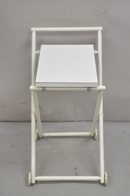 Vintage Mid Century Modern White Small Spool Carved Folding Bar Cart Side Table