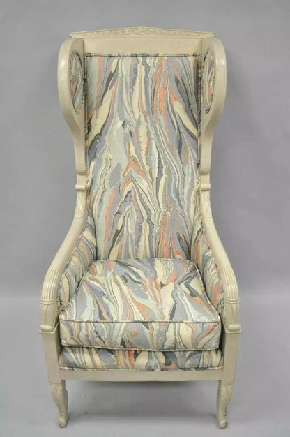 Vintage French Empire Neoclassical Style Marble Fabric High Wingback Arm Chair