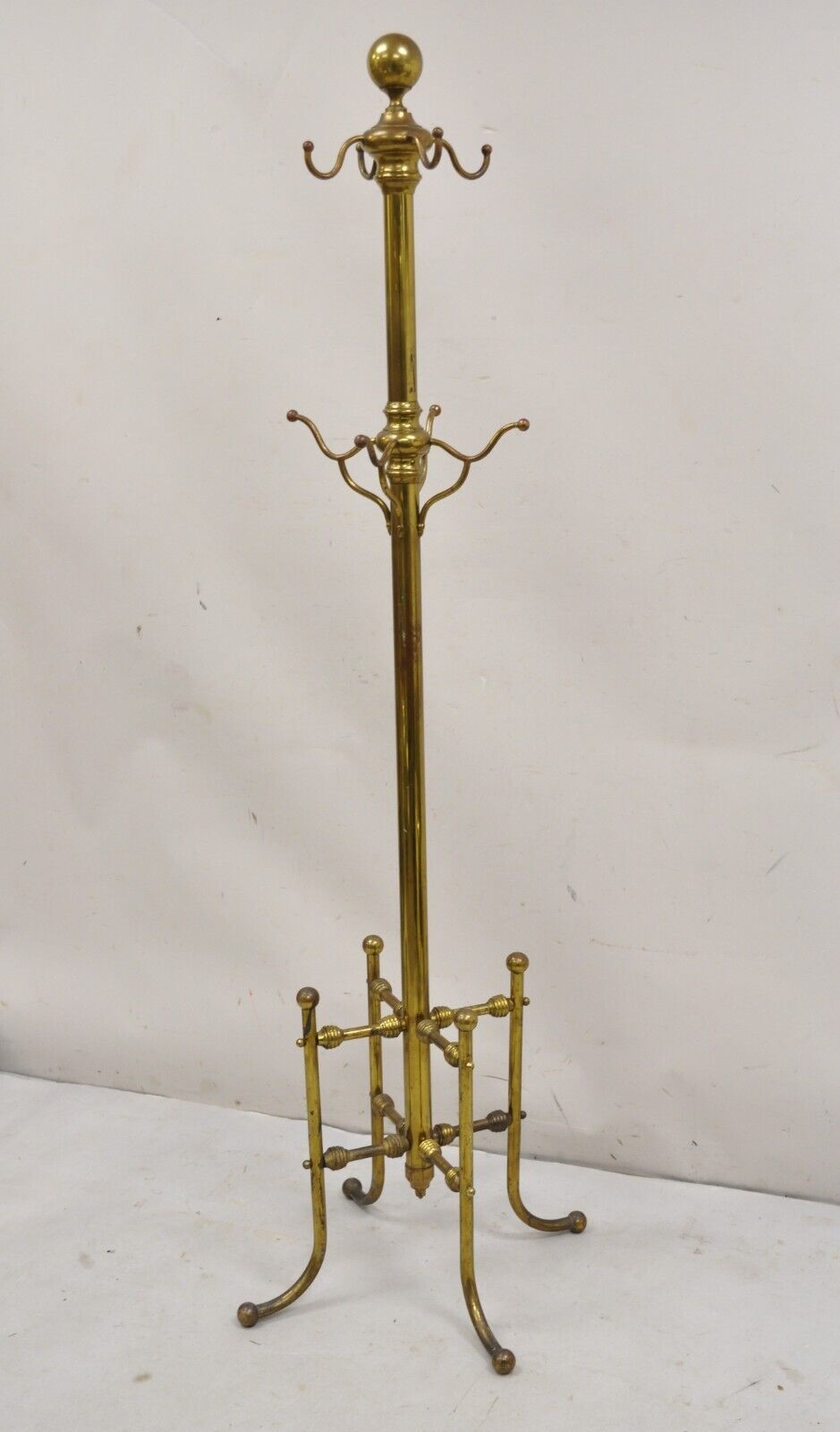 Antique Victorian Brass Cannonball Pole Coat Tree Stand