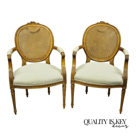 Vintage French Country Louis XVI Oval Cane Back Fauteuil Lounge Chairs - a Pair