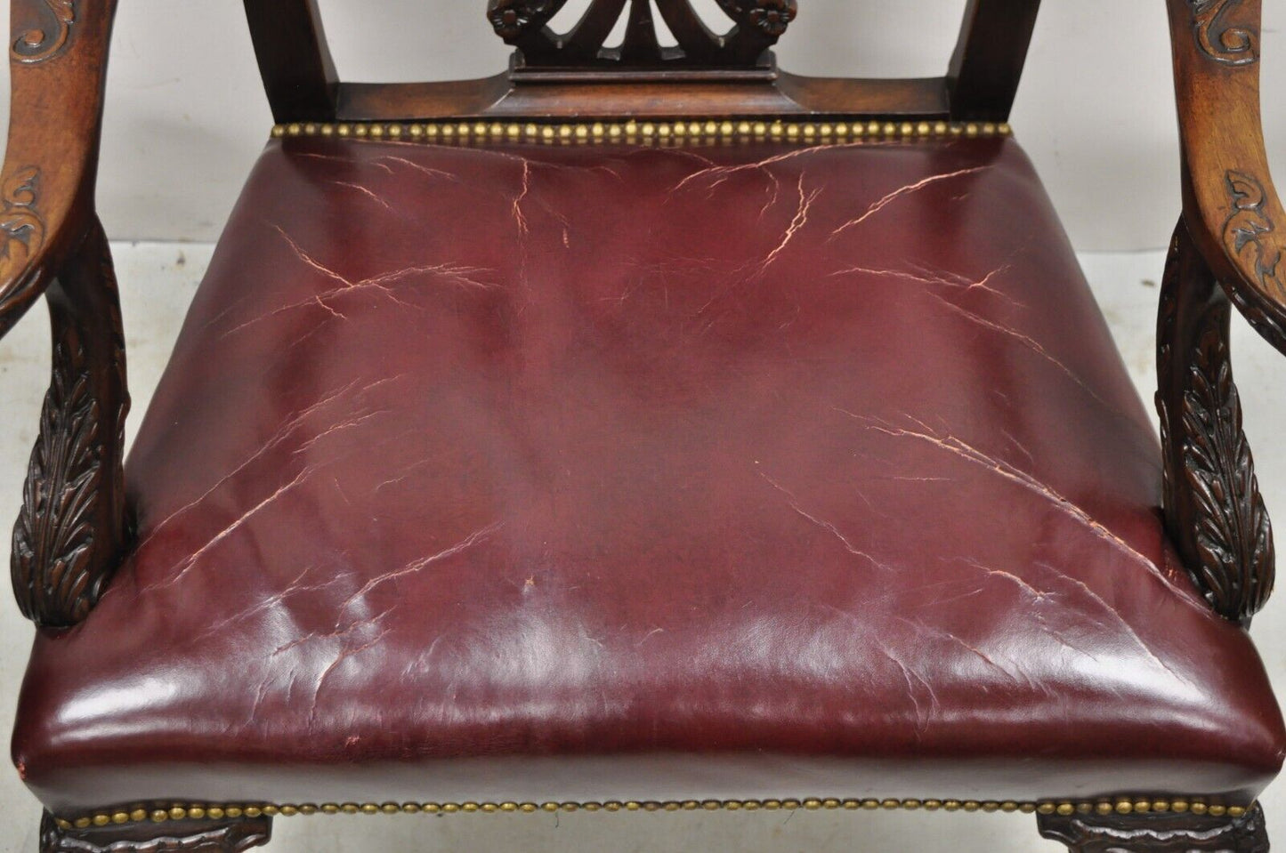 Antique Carved Mahogany Chippendale Style Ball and Claw Leather Arm Chair