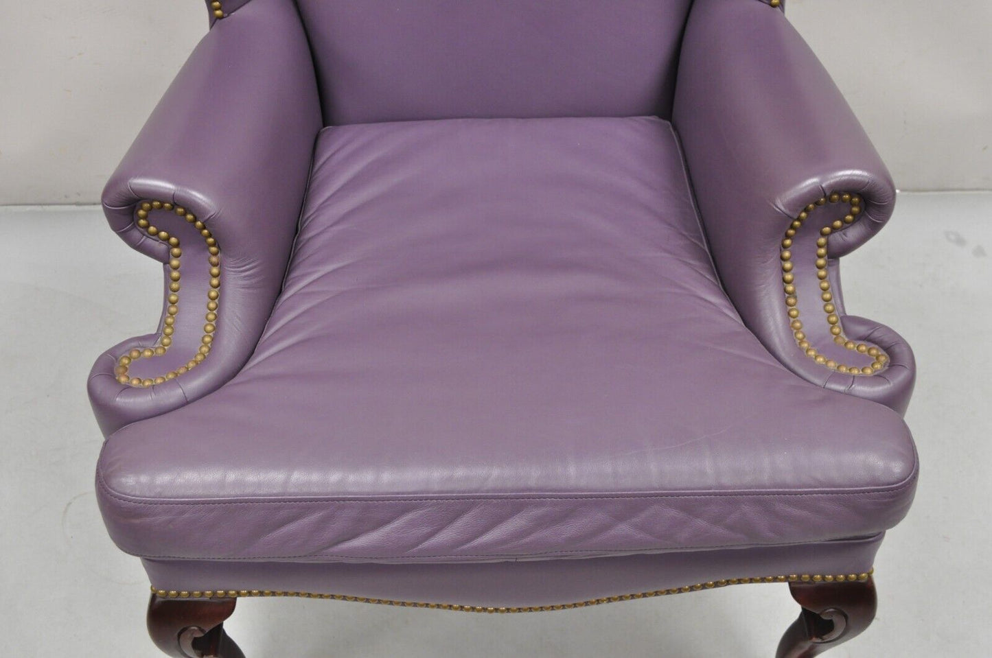 Queen Anne Style Purple Leather Wingback Chair with Nail Heads by Leather Center