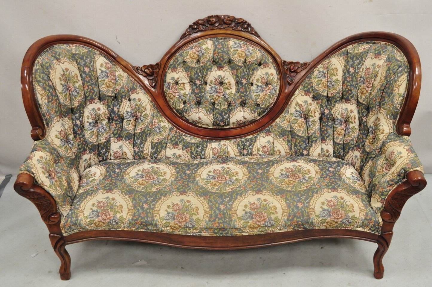 Vintage Victorian Style Cherry Wood Floral Tapestry High Cameo Back Sofa