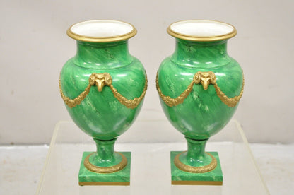 Chelsea House Italian Regency Ram Green Malachite Painted Porcelain Urn - a Pair