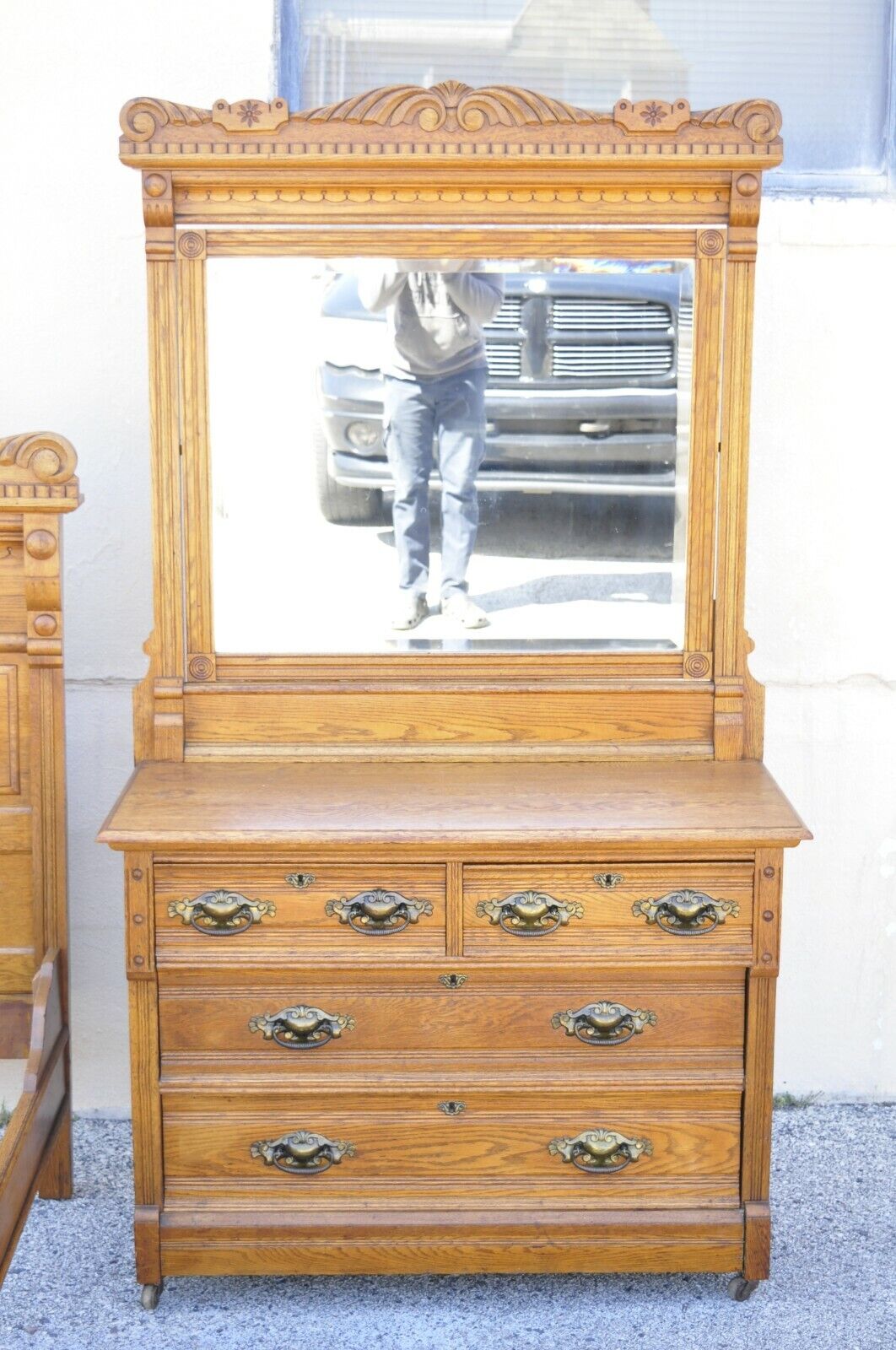 Antique Victorian Oak Bedroom Set Full Size Bed Washstand Dresser - 3 Piece Set