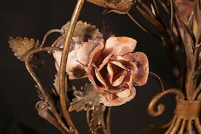 Pair of Antique Italian Tole Metal Hand painted Floral Table Lamps