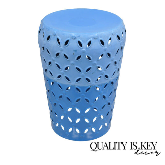 Modern Aqua Blue Metal Lace Cut Round Drum Garden Seat Side Table Stool