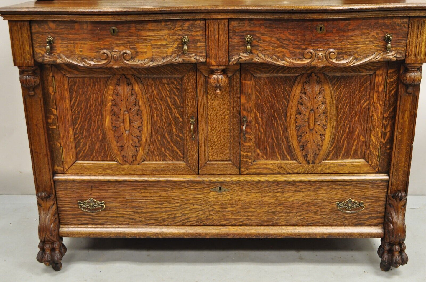 Antique Victorian Figural Lion & Griffin Carved Oak Wood Sideboard Buffet