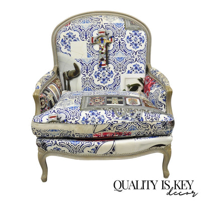 Roche Bobois Mexican Print French Louis XV Style Painted Bergere Arm Chair