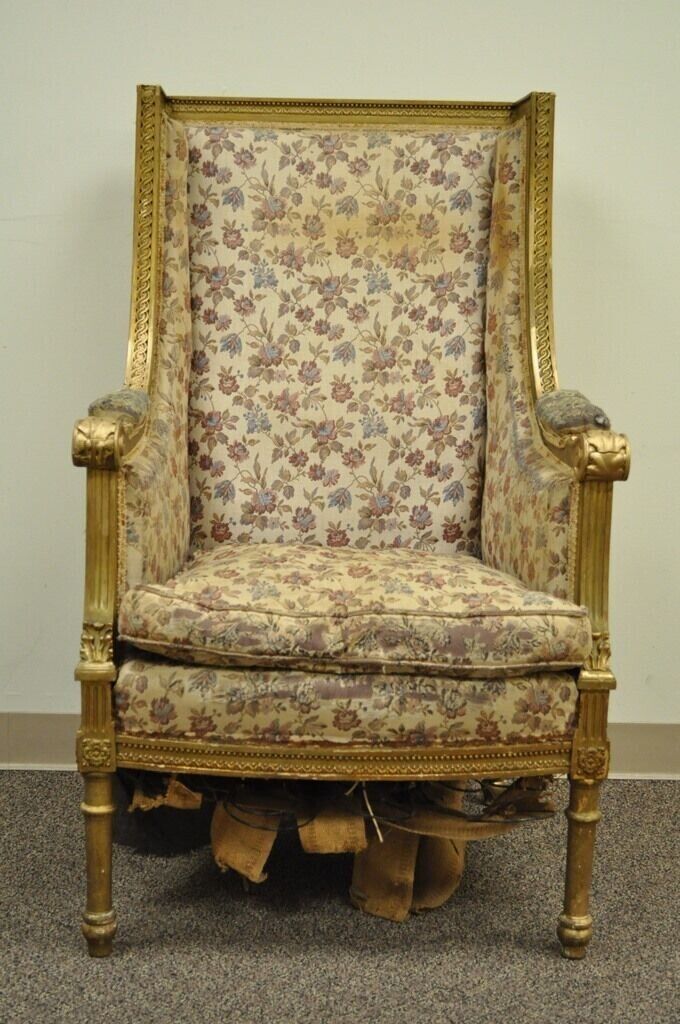 Antique French Louis XVI Victorian Gold Gilt Wood Wing Back Bergere Arm Chair