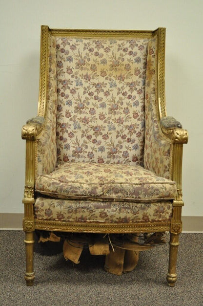 Antique French Louis XVI Victorian Gold Gilt Wood Wing Back Bergere Arm Chair