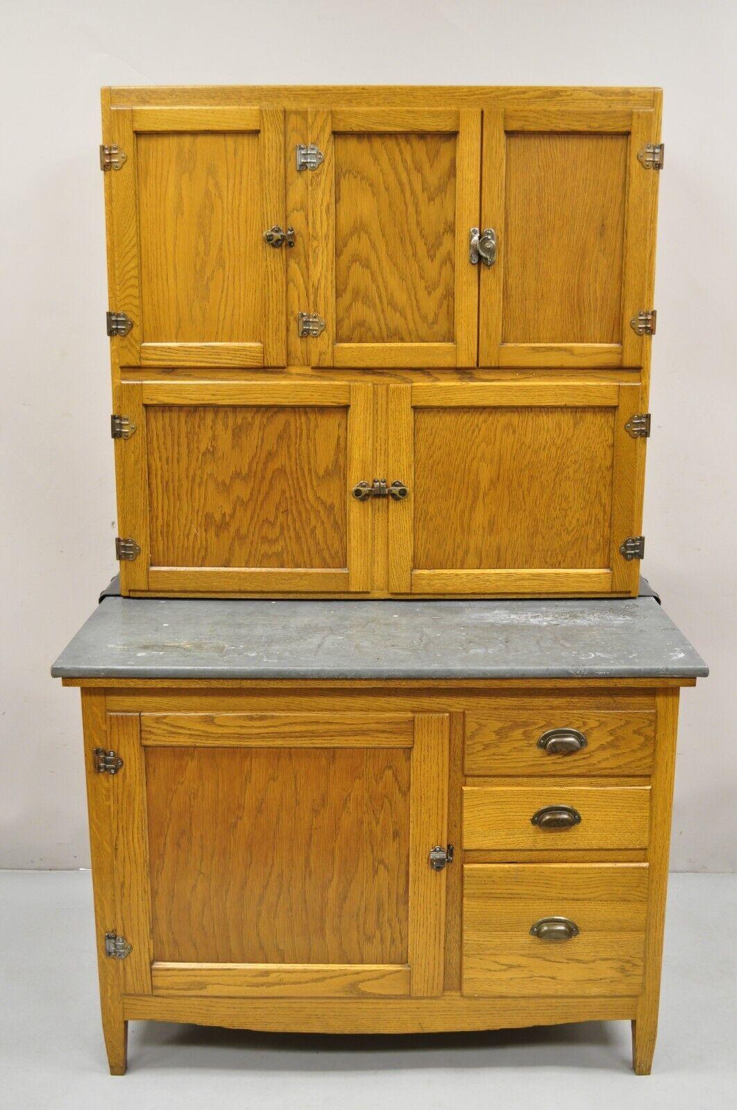 Antique Oak Wood Hoosier Style Cabinet Kitchen Cupboard with Pull Out Zinc Top