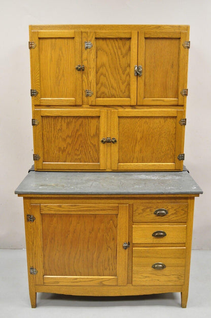 Antique Oak Wood Hoosier Style Cabinet Kitchen Cupboard with Pull Out Zinc Top