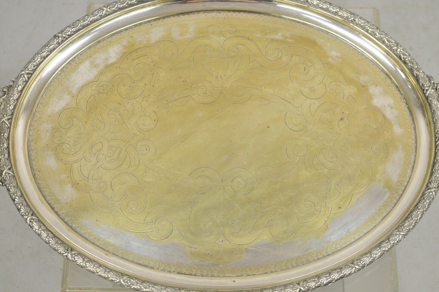 Antique English Victorian Oval Twin Handle Silver Plated Serving Platter Tray