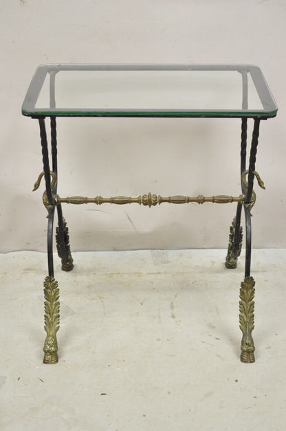 Antique Italian Regency Neoclassical Wrought Iron & Bronze Swan Small Side Table