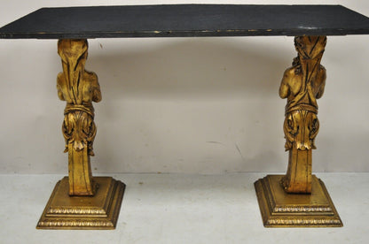 French Renaissance Victorian Style Gold Figural Console Table with Marble Top