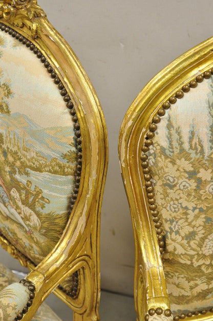 Vintage French Louis XV Style Gold Giltwood Tapestry Fabric Arm Chairs - a Pair