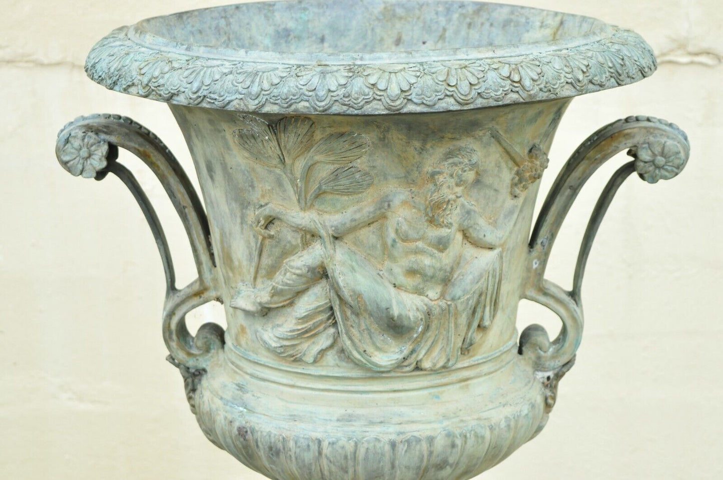 French Louis XV XVI Style Bronze Verdigris 43" Figural Garden Planters - a Pair