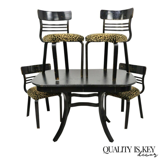 Austrian Thonet Bentwood Black Distressed Dining Set Table 4 Chairs - 5 Pieces