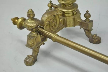 19th C. French Empire Neoclassical Flame & Lion Brass Paw Andirons & Bar - Pair