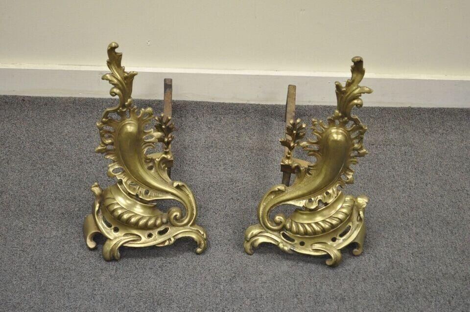 Antique French Louis XV Rococo Style Bronze Brass Acanthus Andirons - a Pair