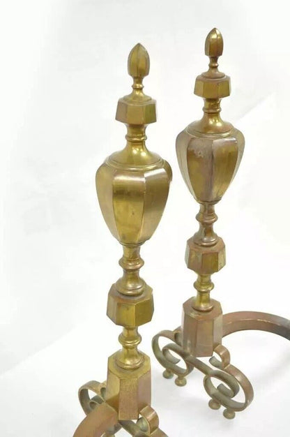 Antique American Federal Pointed Finial Brass Fireplace Andirons - a Pair