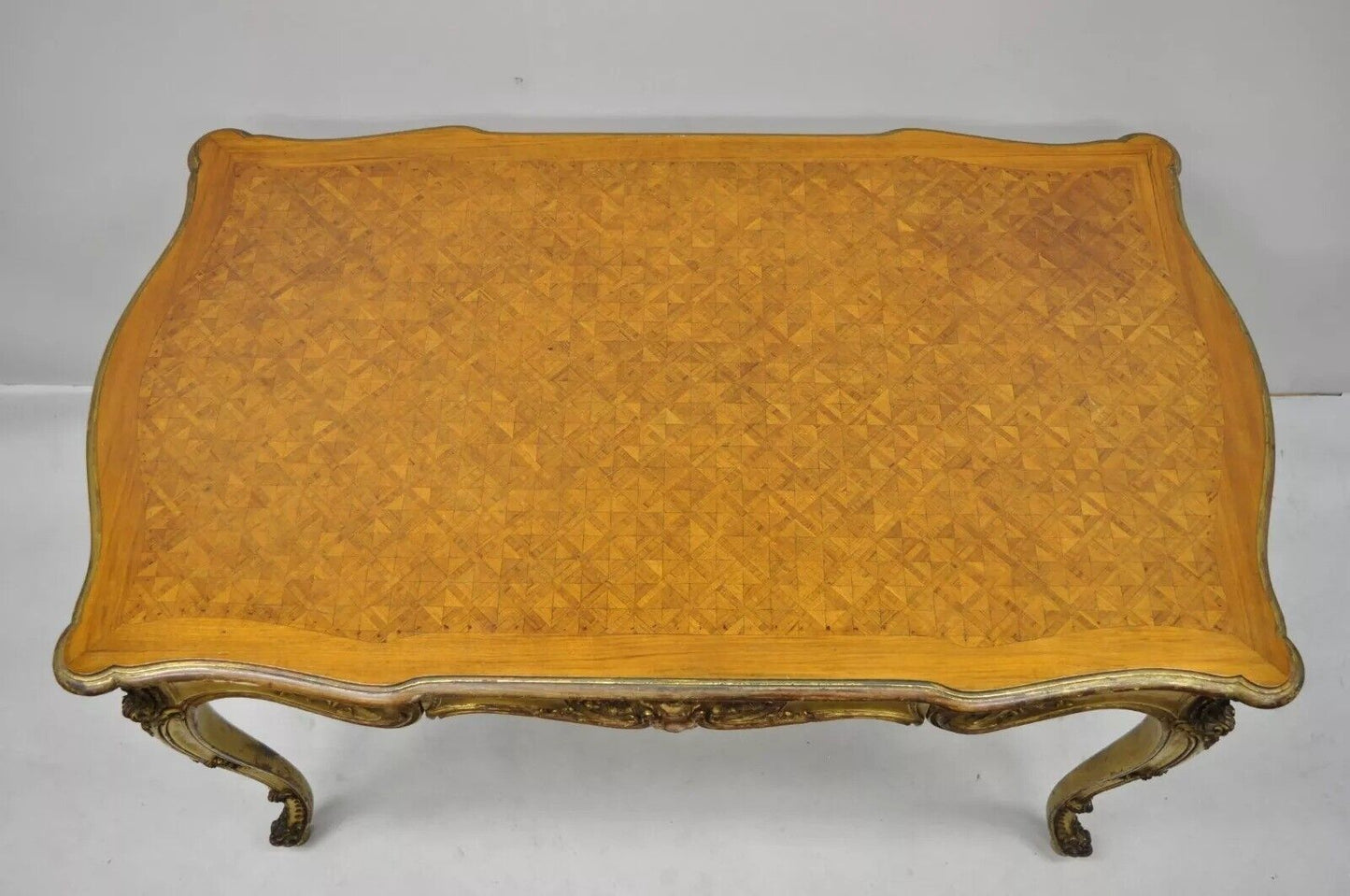 19th C. French Louis XV Style Gold Giltwood Writing Desk w/ Marquetry Inlay Top