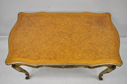 19th C. French Louis XV Style Gold Giltwood Writing Desk w/ Marquetry Inlay Top