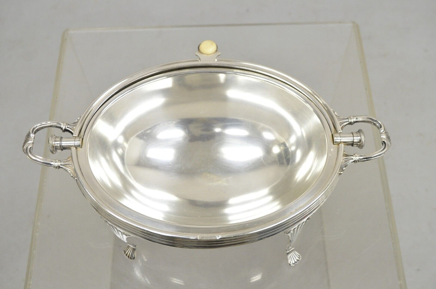 Antique Edwardian Silver Plated Revolving Dome Oval Chafing Dish Food Warmer