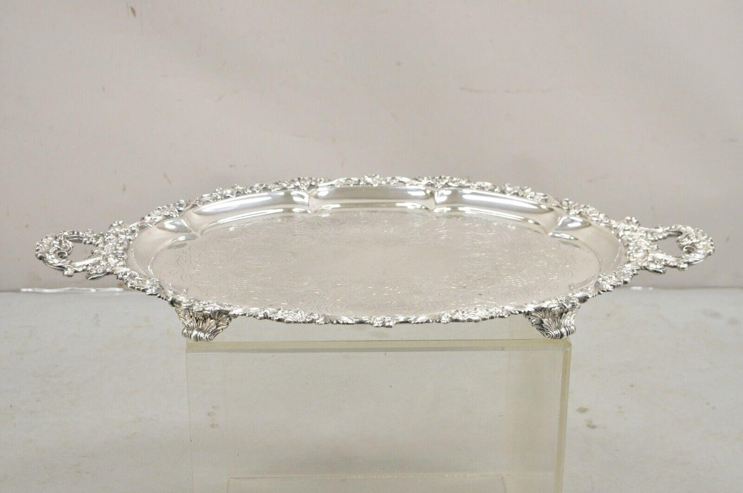 Antique Victorian English Sheffield Ornate Oval Serving Platter Tray