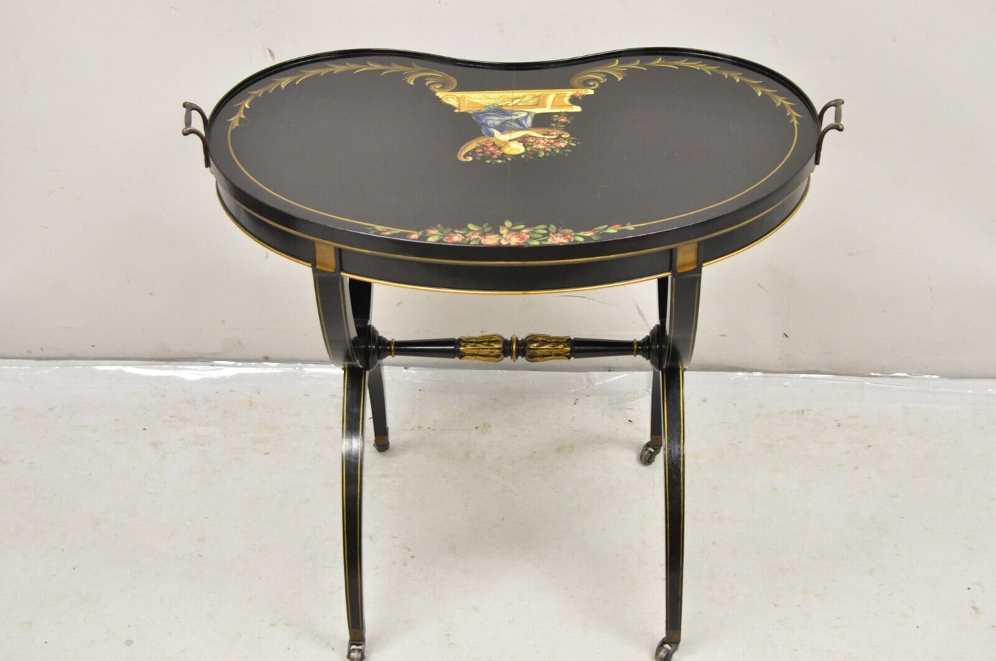 Vintage Imperial Furniture Regency Black Hand Painted Curule Kidney Side Table