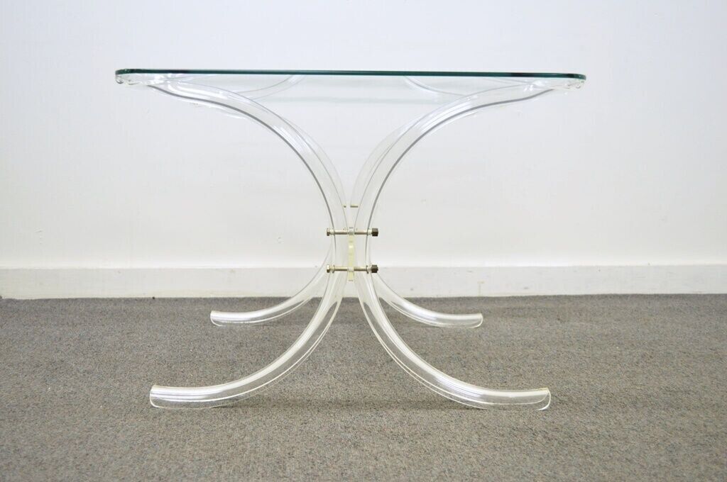 Vintage Mid Century Modern Glass Top Lucite X Form Butterfly Side End Table