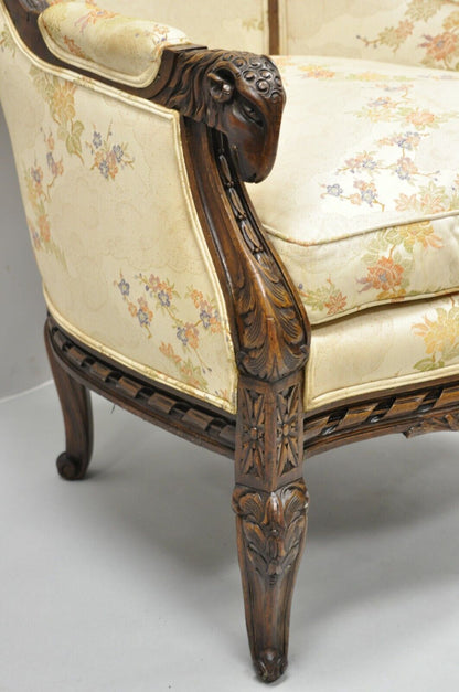 Vintage Italian Regency Style Rams Head Carved Walnut Wingback Bergere Arm Chair