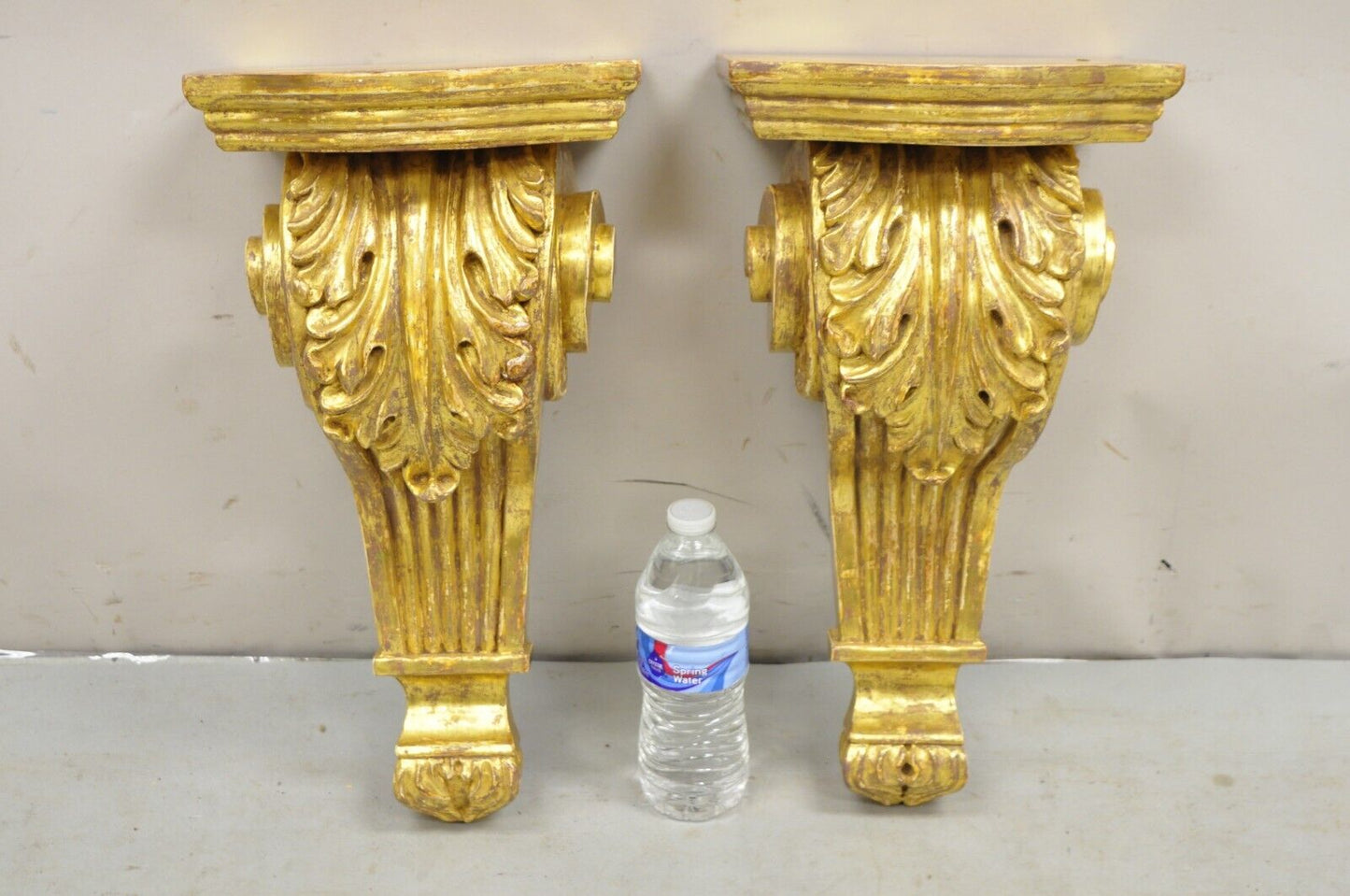 Gold Giltwood French Louis XV Style Wood Acanthus Corbel Large Wall Shelf Pair