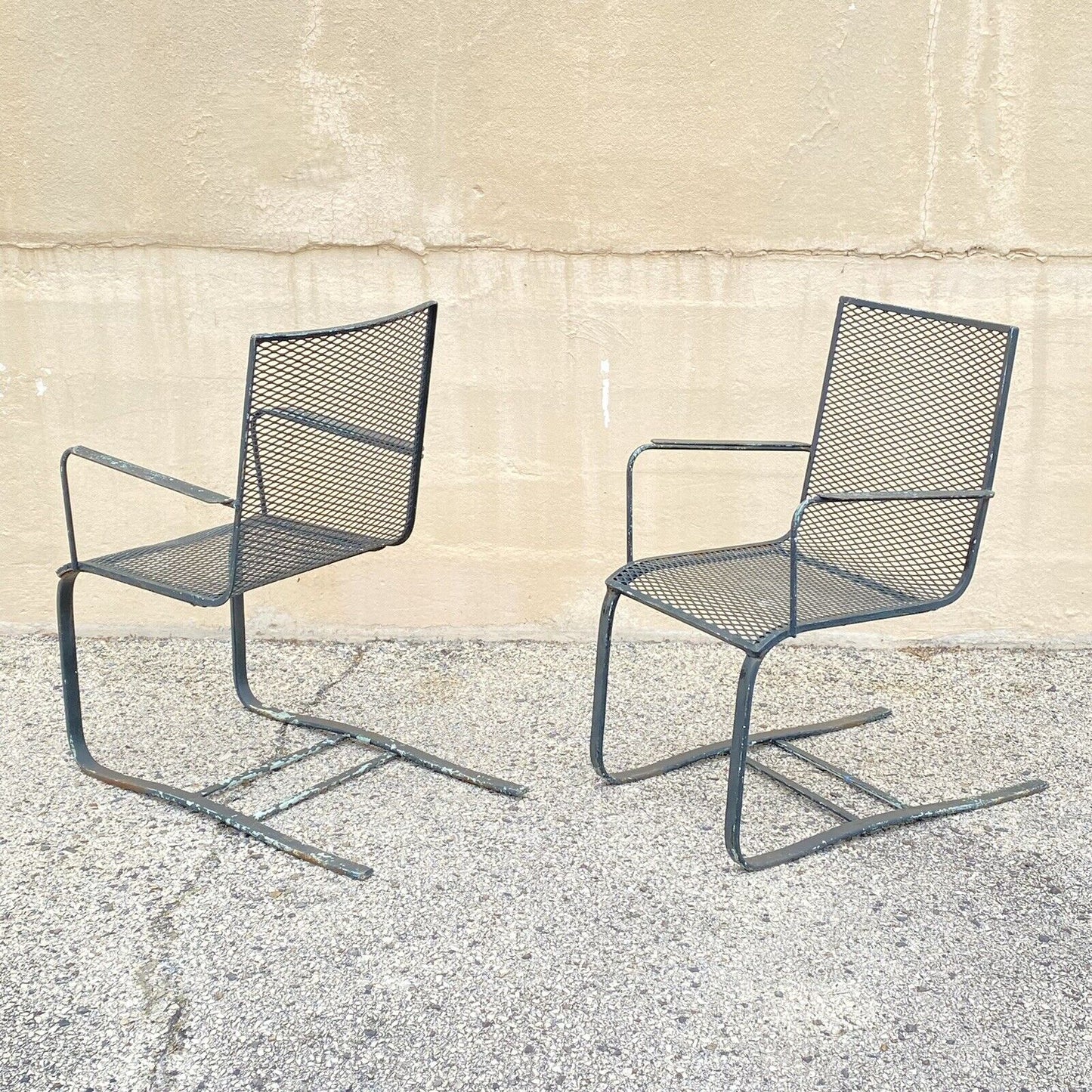 Industrial Modern Wrought Iron Metal Mesh Cantilever Garden Patio Chair - a Pair