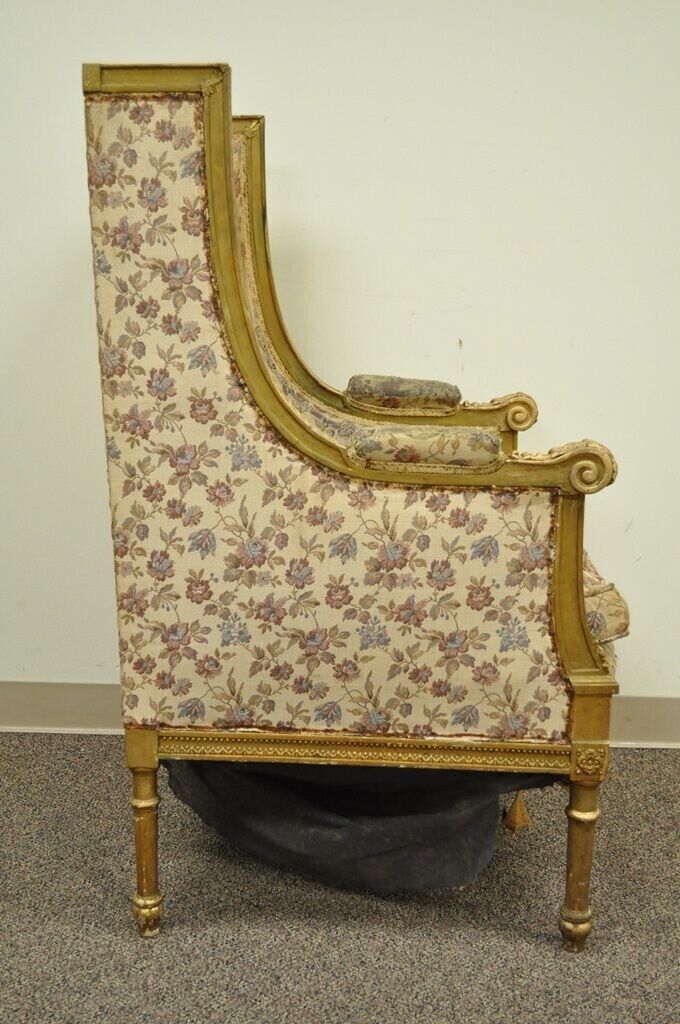 Antique French Louis XVI Victorian Gold Gilt Wood Wing Back Bergere Arm Chair