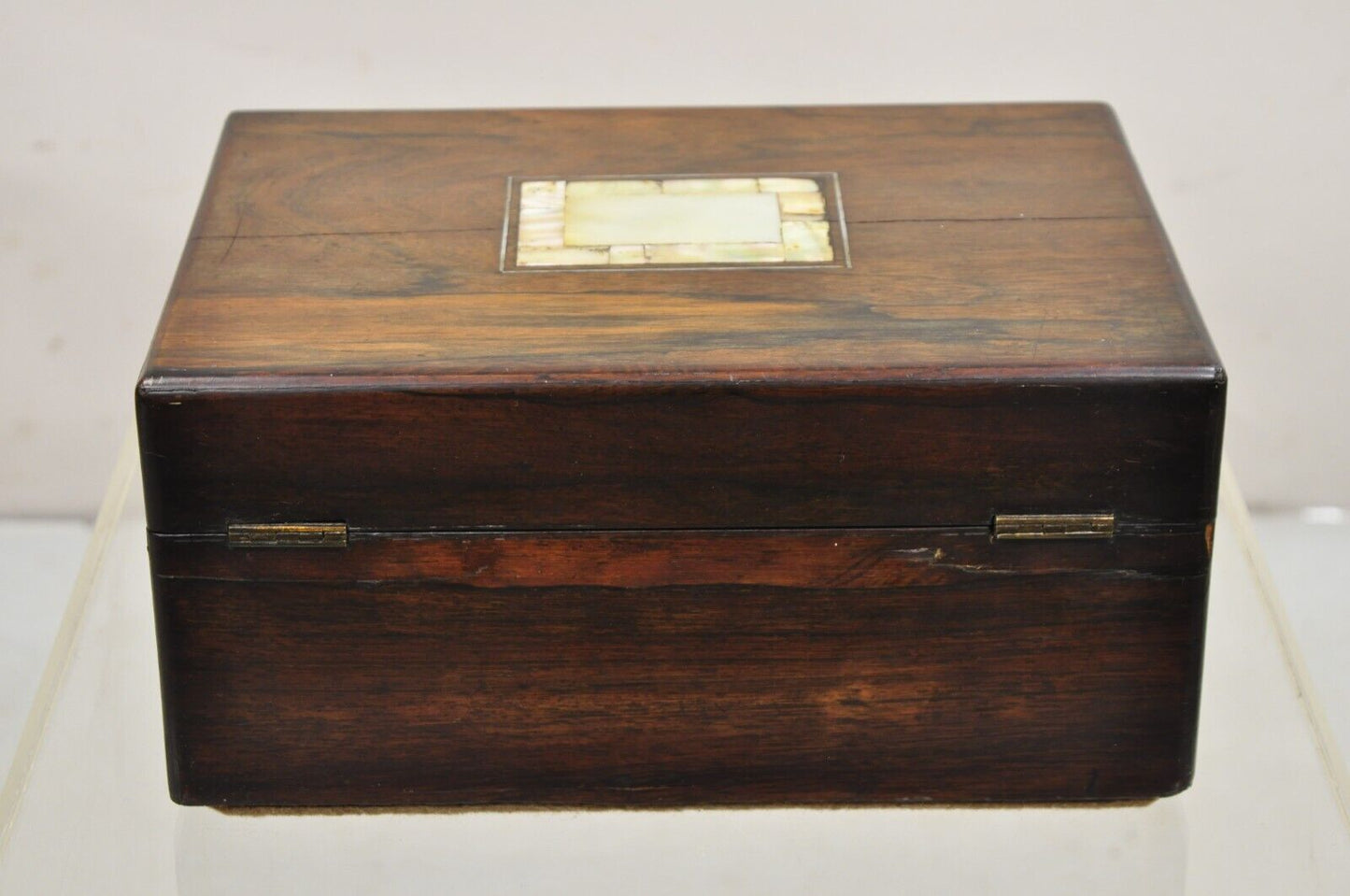 Antique English Victorian Rosewood Vanity Jewelry Box with Mother of Pearl Inlay