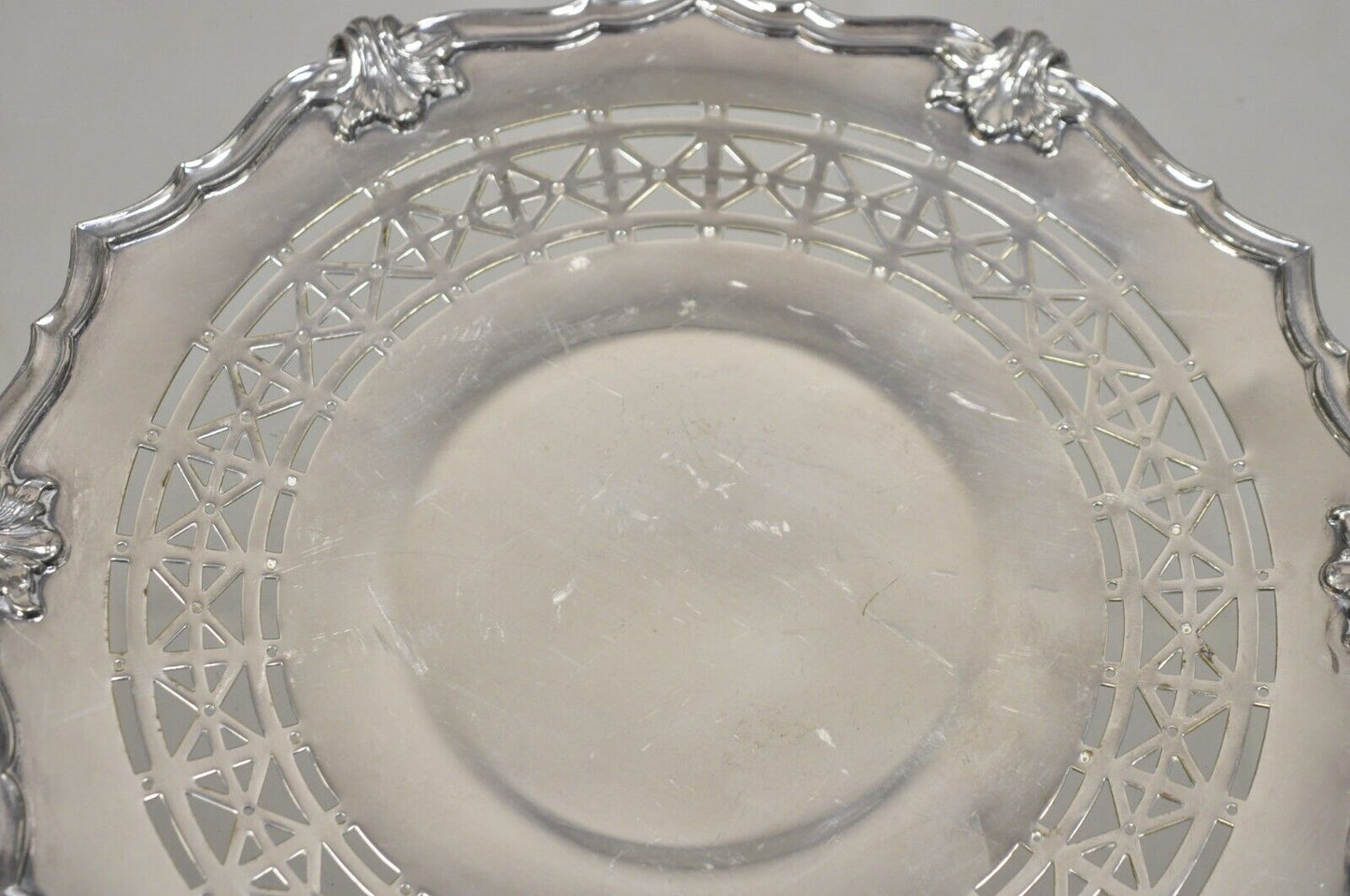 Vintage English Victorian Silver Plated Footed Round Pierced Serving Tray