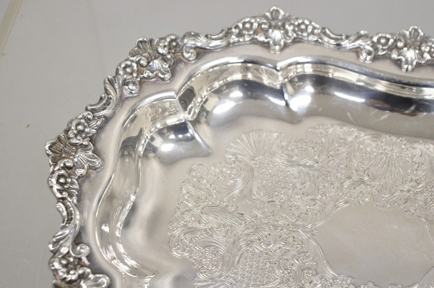 Vintage English Victorian Oval Silver Plated Ornate Scalloped Trinket Dish Tray