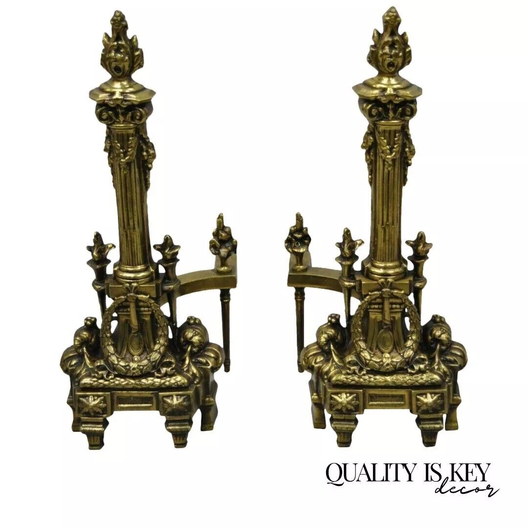 Vintage French Empire Brass Bronze Column Flame Finial Fireplace Andirons - Pair